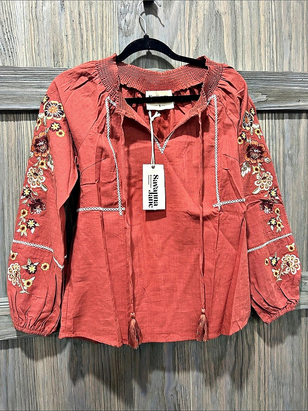 Savanna Jane Rust Red Embroidered Boho Tunic Blouse Size Small